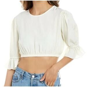 WeWoreWhat Women’s Cropped Poplin Top Ivory Puff Bell Sleeves Size Medium NWOT